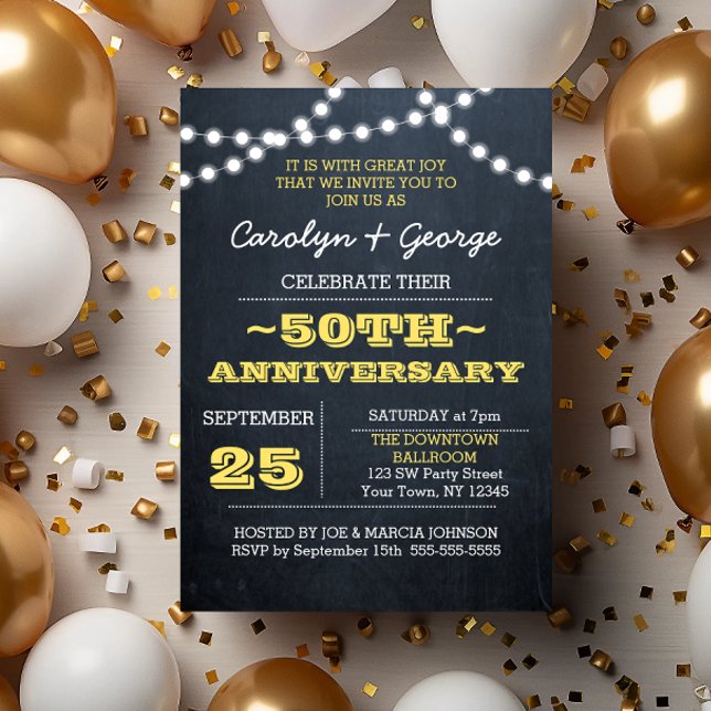 Chalkboard Lights Gold 50th Anniversary Invitation (Creator Uploaded)