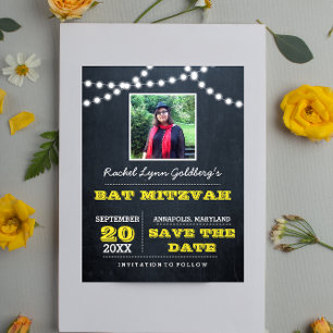 Chalkboard Lights Gold Bat Mitzvah Photo Save Date Announcement Postcard