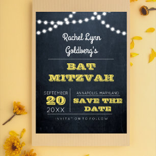 Chalkboard Lights Golden Bat Mitzvah Save the Date Announcement Postcard