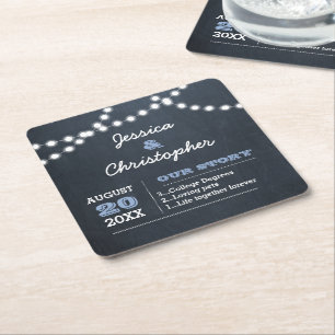 Chalkboard Lights Light Blue Personalised Wedding Square Paper Coaster