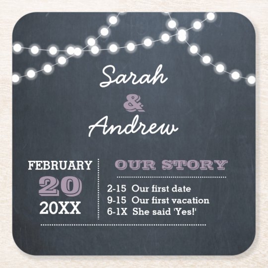Chalkboard Lights Lilac Personalised Wedding Square Paper Coaster Zazzle Co Uk