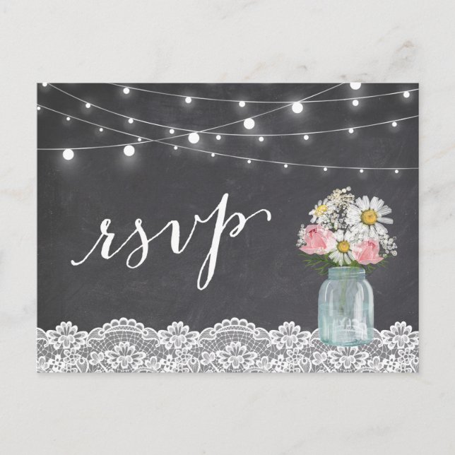 Chalkboard Lights Mason Jar Floral Wedding RSVP Invitation Postcard (Front)