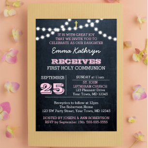 Chalkboard Lights Pink First Communion Invitation