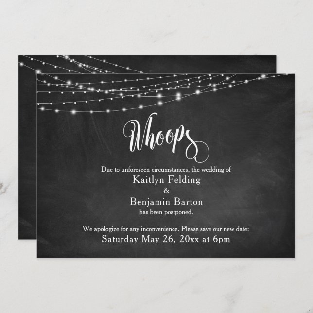 Chalkboard & Lights Postponed Wedding "Whoops" Invitation (Front/Back)