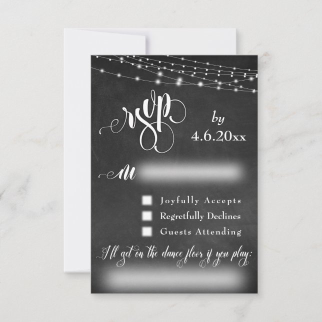 Chalkboard, Lights & Script RSVP with Song Request Card (Front)