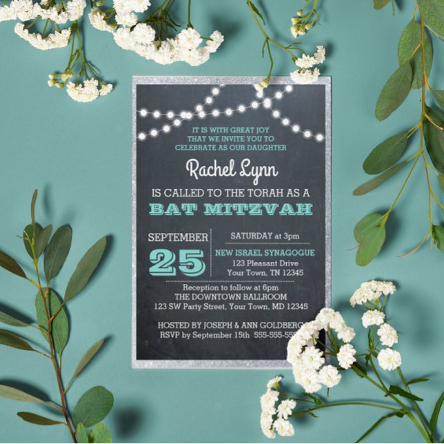 Chalkboard Lights Teal Silver Border Bat Mitzvah Invitation (Creator Uploaded)