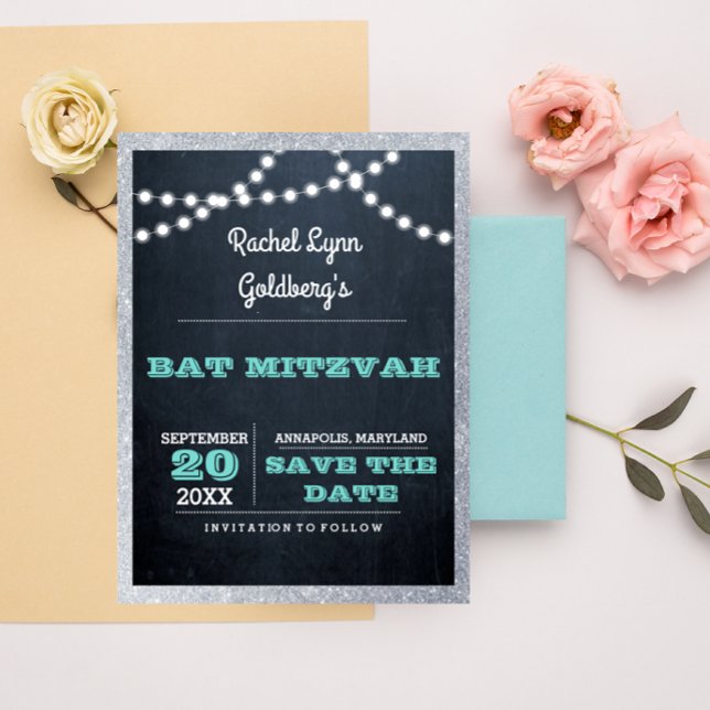 Chalkboard Lights Teal Silver Border Save the Date Announcement Postcard (Creator Uploaded)