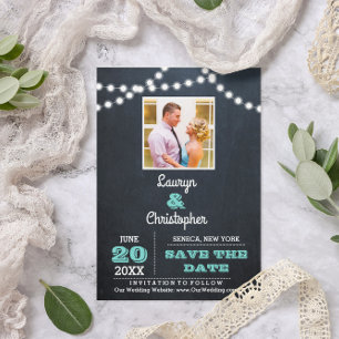 Chalkboard Lights Teal Wedding Save the Date Announcement Postcard