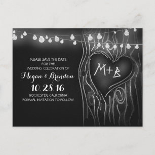 Chalkboard lights tree save the date postcards
