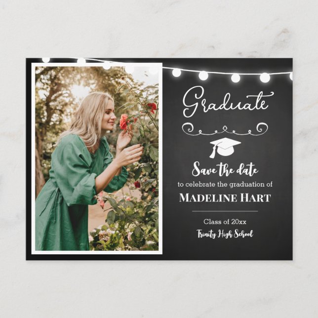 Chalkboard Lights Vintage Graduate | Save The Date Postcard (Front)
