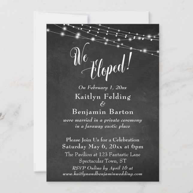 Chalkboard Lights We Eloped Wedding Reception Invitation (Front)