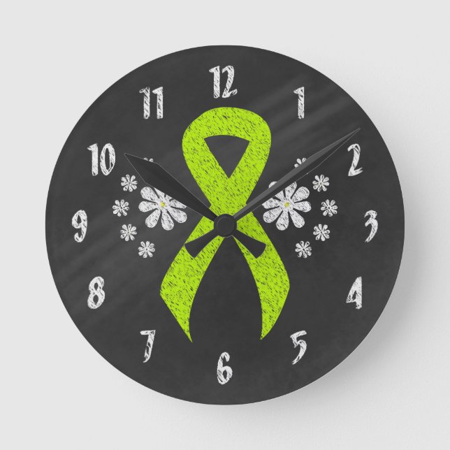 Chalkboard Lime Green Awareness Ribbon Round Clock (Front)