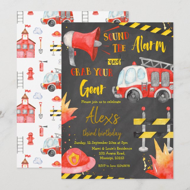 Chalkboard Little Firefighter Boy Birthday Invitation (Front/Back)