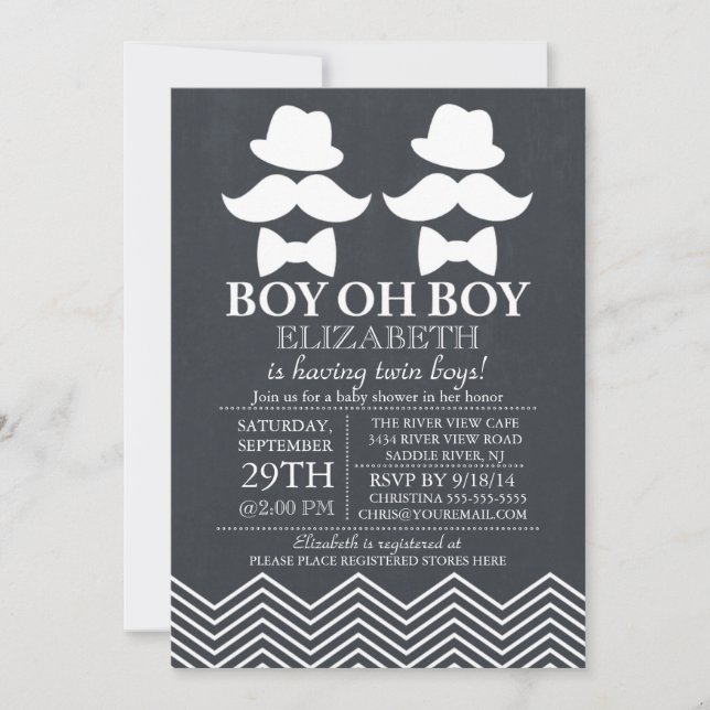 Chalkboard Little Man Moustache TWINS Baby Shower Invitation (Front)