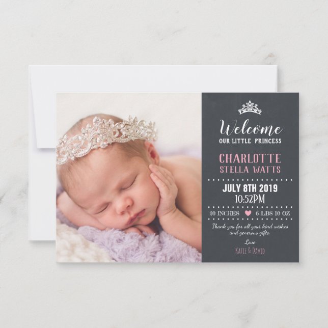 Chalkboard Little Princess Baby Girl Photo Birth Announcement (Front)