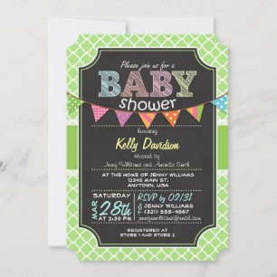 Chalkboard look Baby Shower; Lime Green Quatrefoil Invitation