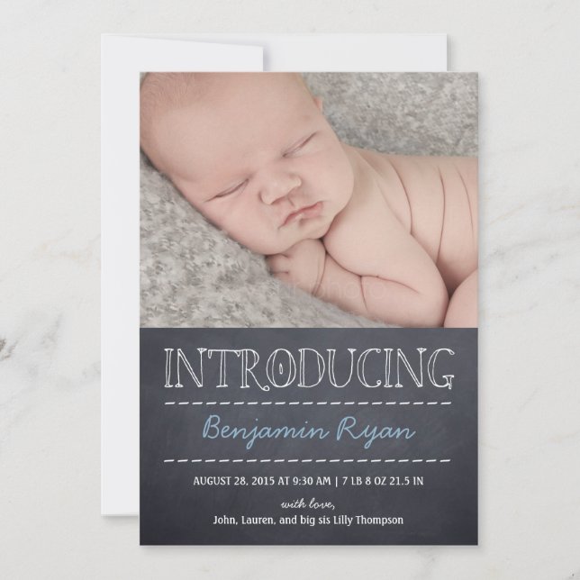 Chalkboard Look Birth Announcement - Blue (Front)