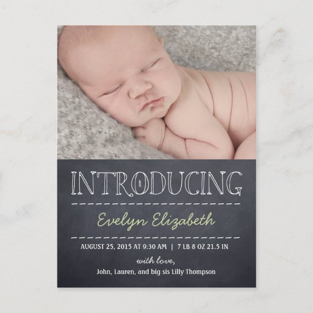 Chalkboard Look Birth Announcement - Green (Front)