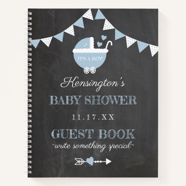Chalkboard Look Blue Boys Baby Shower Guest Book | (Front)