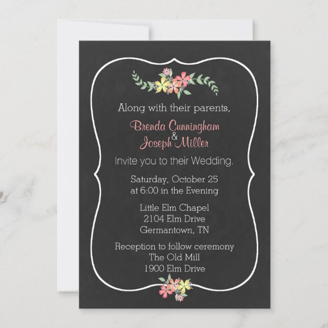 Chalkboard Look Floral Wedding Invitation (Front)