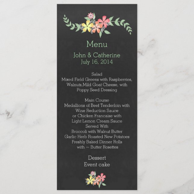 Chalkboard Look Floral Wedding Table Menu (Front)