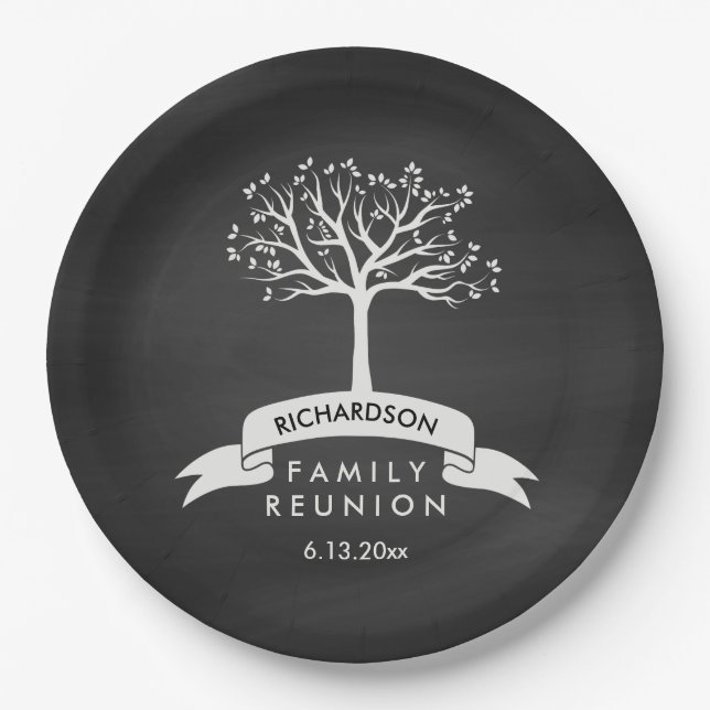 Chalkboard Look with Tree Family Reunion Paper Plate (Front)