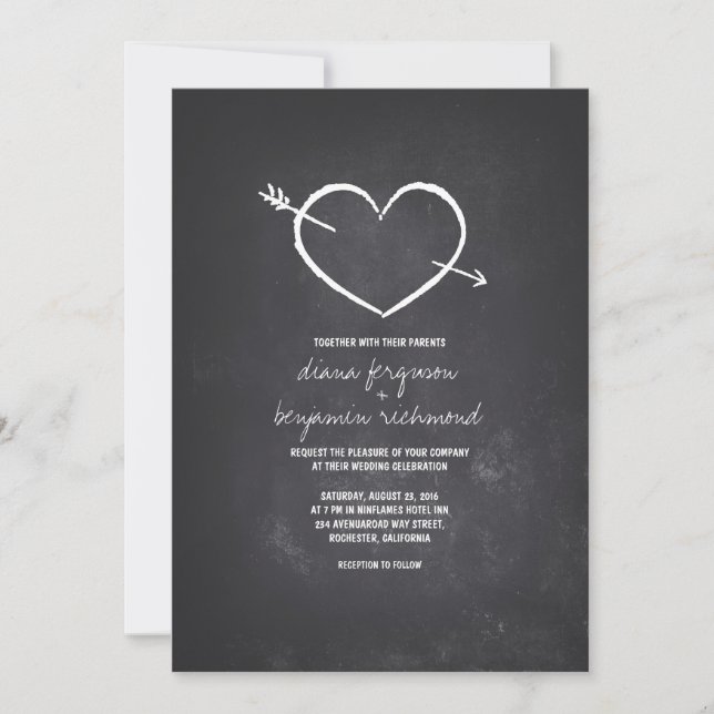 Chalkboard love heart rustic wedding invitation (Front)
