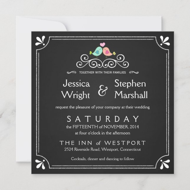 Chalkboard Lovebirds Square Wedding Invitations (Front)