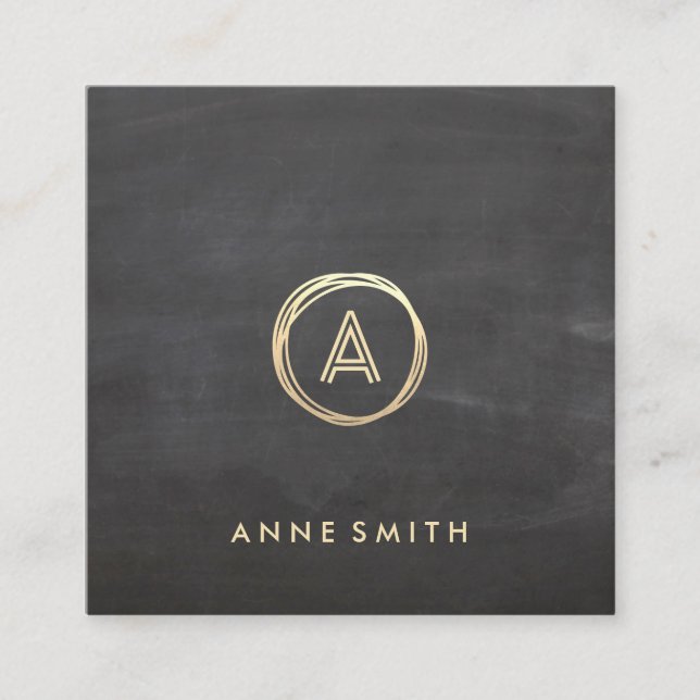 Chalkboard Luxe Gold Circle Modern Monogram Square Business Card (Front)
