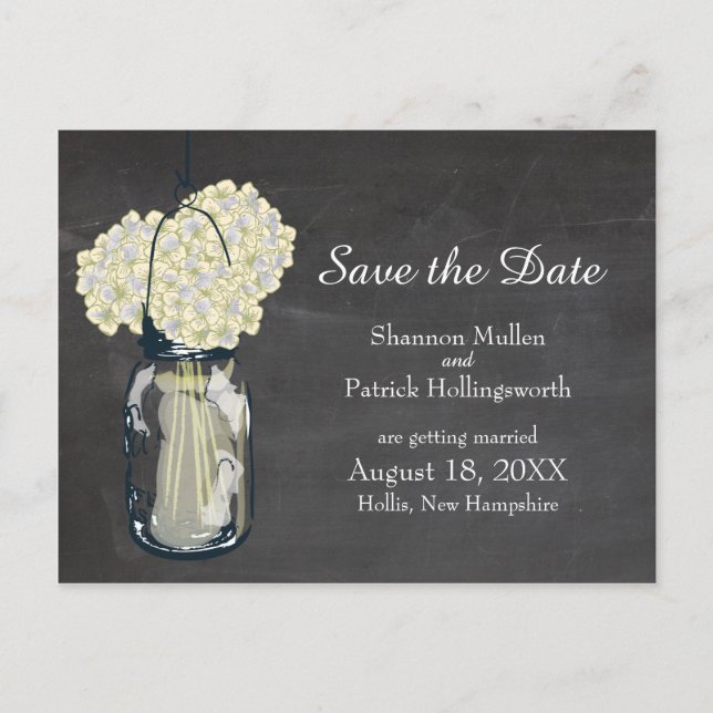 Chalkboard Mason Jar and Hydrangeas Save the Date Announcement Postcard (Front)