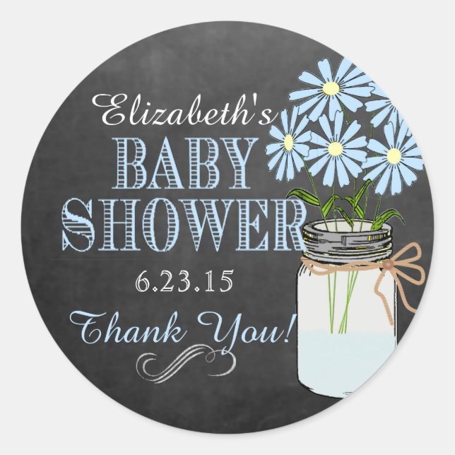 Chalkboard Mason Jar Blue Boy Baby Shower Classic Round Sticker (Front)