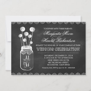 Chalkboard mason jar dandelions wedding invitation