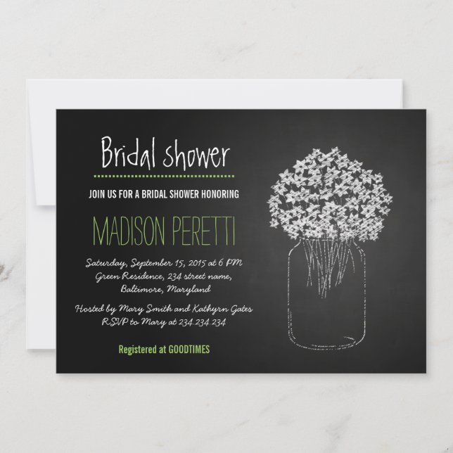 Chalkboard Mason Jar Flowers Bridal Shower Invitation (Front)