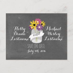 Chalkboard Mason Jar Flowers Save Date Postcard