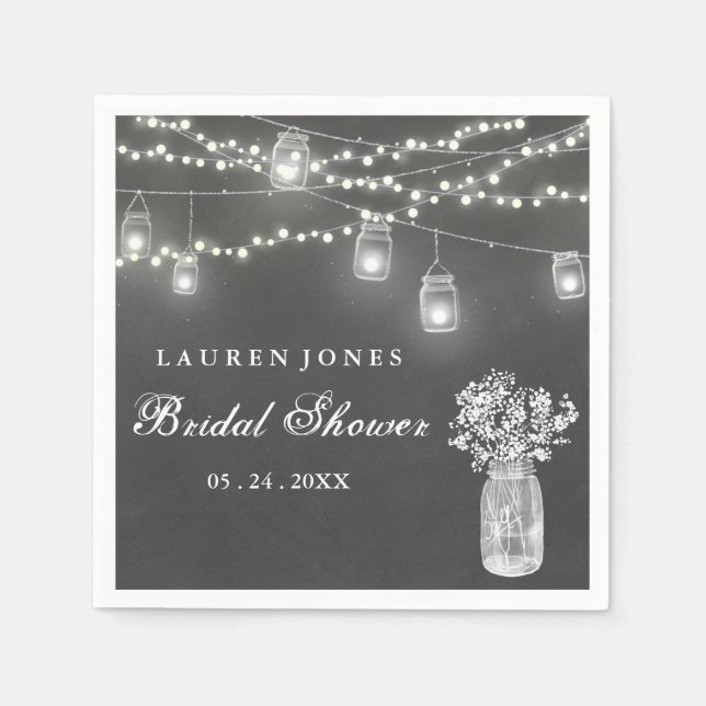 Chalkboard Mason Jar Lights Bridal Shower Napkin (Front)