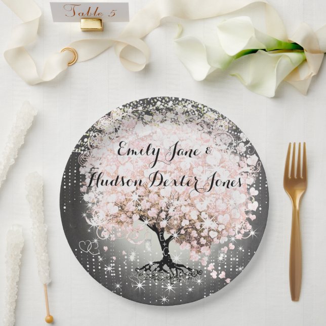 Chalkboard Mason Jar Pink Heart Leaf Firefly Paper Plate (Wedding)