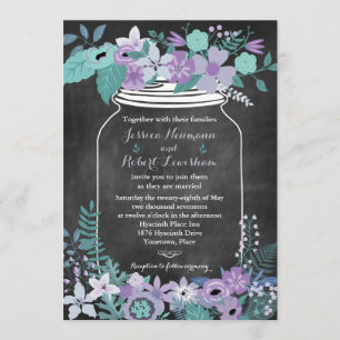 Chalkboard Mason Jar Purple Aqua Floral Wedding Invitation