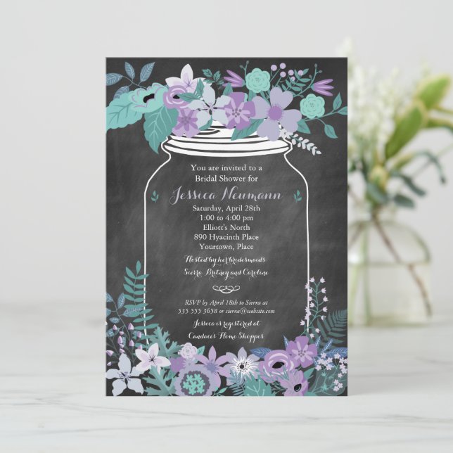 Chalkboard Mason Jar Purple Floral Bridal Shower Invitation (Standing Front)