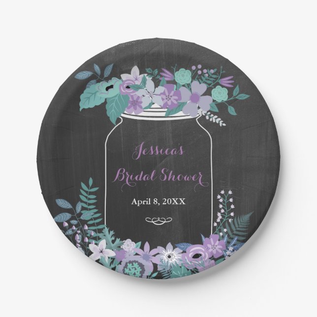 Chalkboard Mason Jar Purple Floral Bridal Shower Paper Plate (Front)