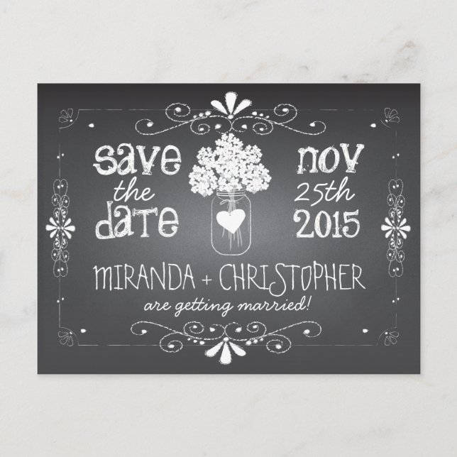 Chalkboard Mason Jar Save the Date Postcard (Front)