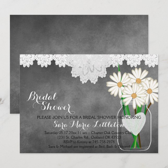 Chalkboard Mason Jar - White Daisies Bridal Shower Invitation (Front/Back)