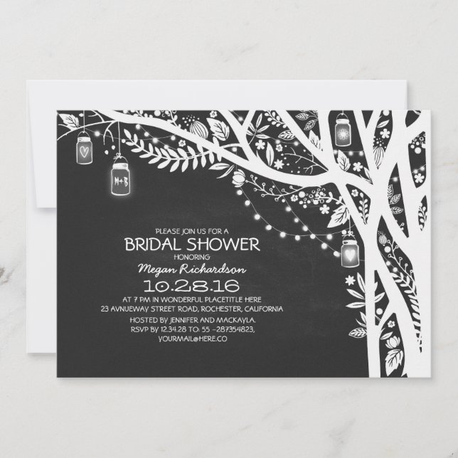 Chalkboard mason jars tree lights bridal shower invitation (Front)