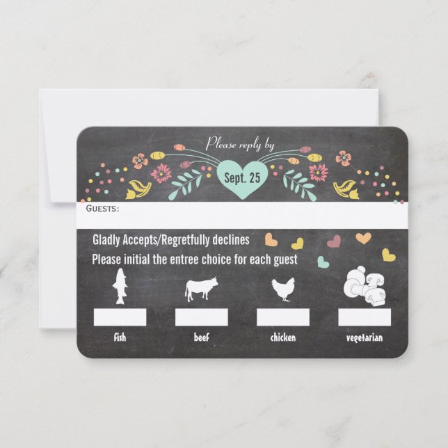 Chalkboard Menu Choice Floral Hearts Wedding RSVP (Front)