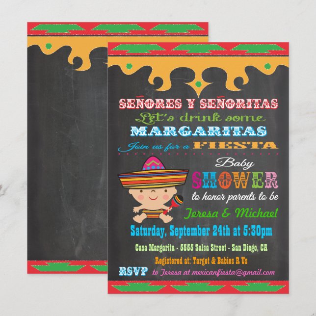 Chalkboard Mexican Fiesta Baby Shower invitations (Front/Back)