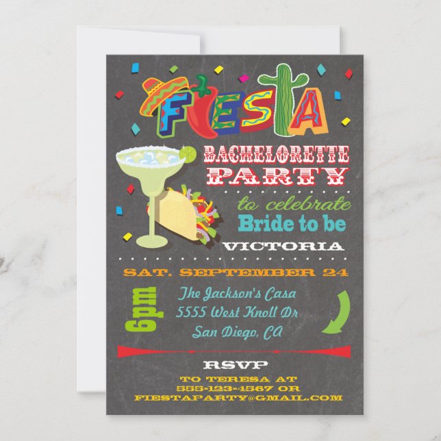 Chalkboard Mexican Fiesta Bachelorette Party Invitation (Front)