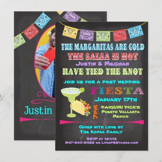 Chalkboard mexican fiesta post wedding invitation (Front/Back)