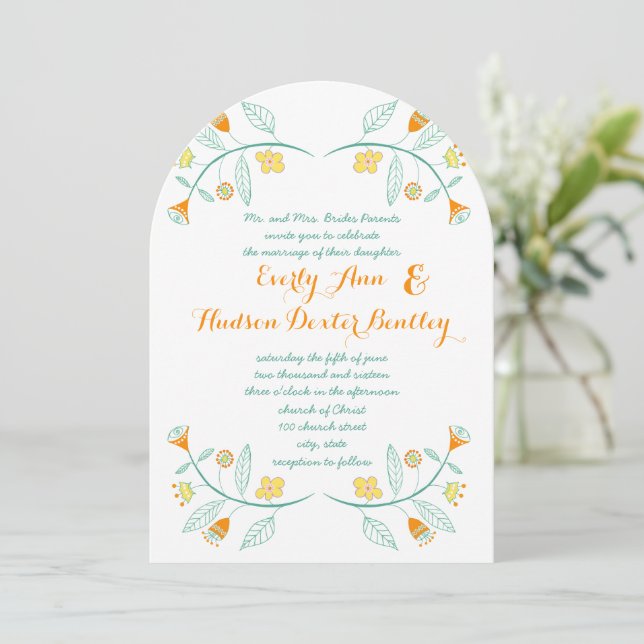 Chalkboard Mint and Orange Floral Garland Wedding Invitation (Standing Front)