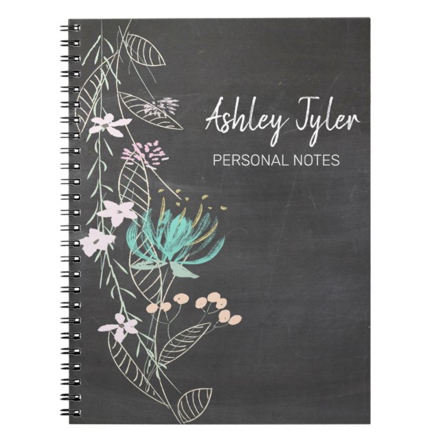 chalkboard mint  floral girly cute personalised notebook (Front)