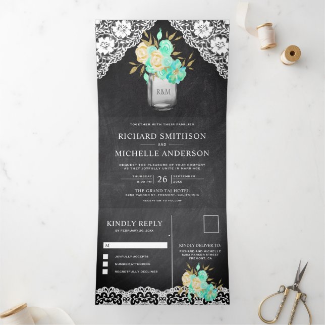 Chalkboard Mint Floral Mason Jar Lace Wedding Tri-Fold Invitation (Inside)
