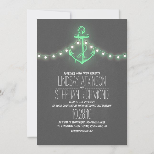 Chalkboard mint green anchor nautical wedding invitation (Front)